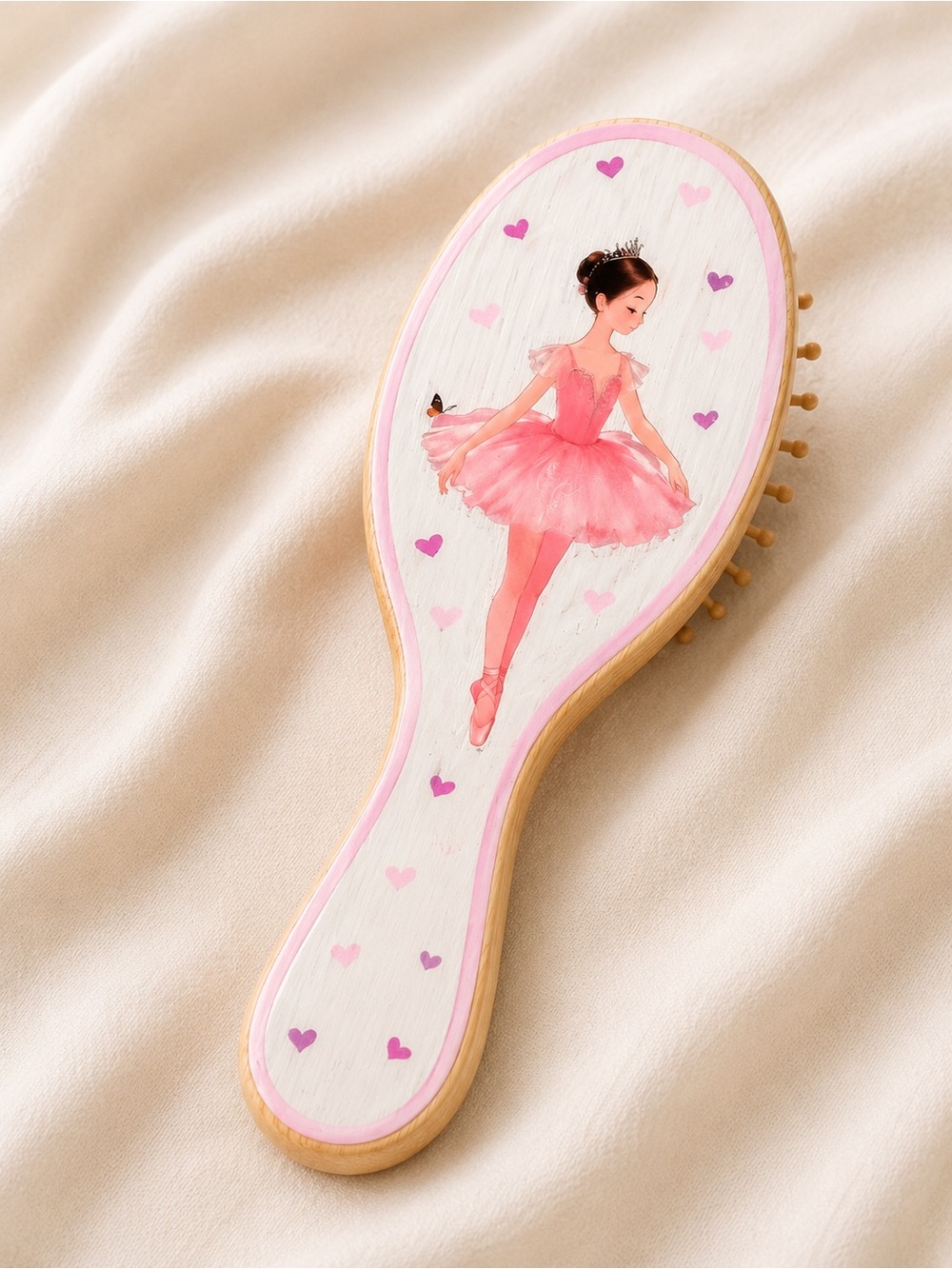 Hand Painted Kids Pink Ballerina Wooden Hair Brush